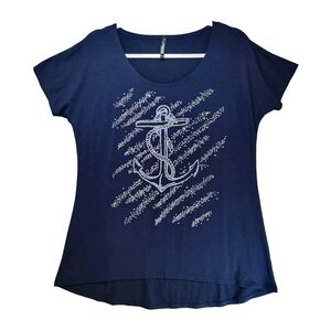 Forever Jade Sequin Anchor Shirt Top Womens M Blue Top Beaded Coastal Beach